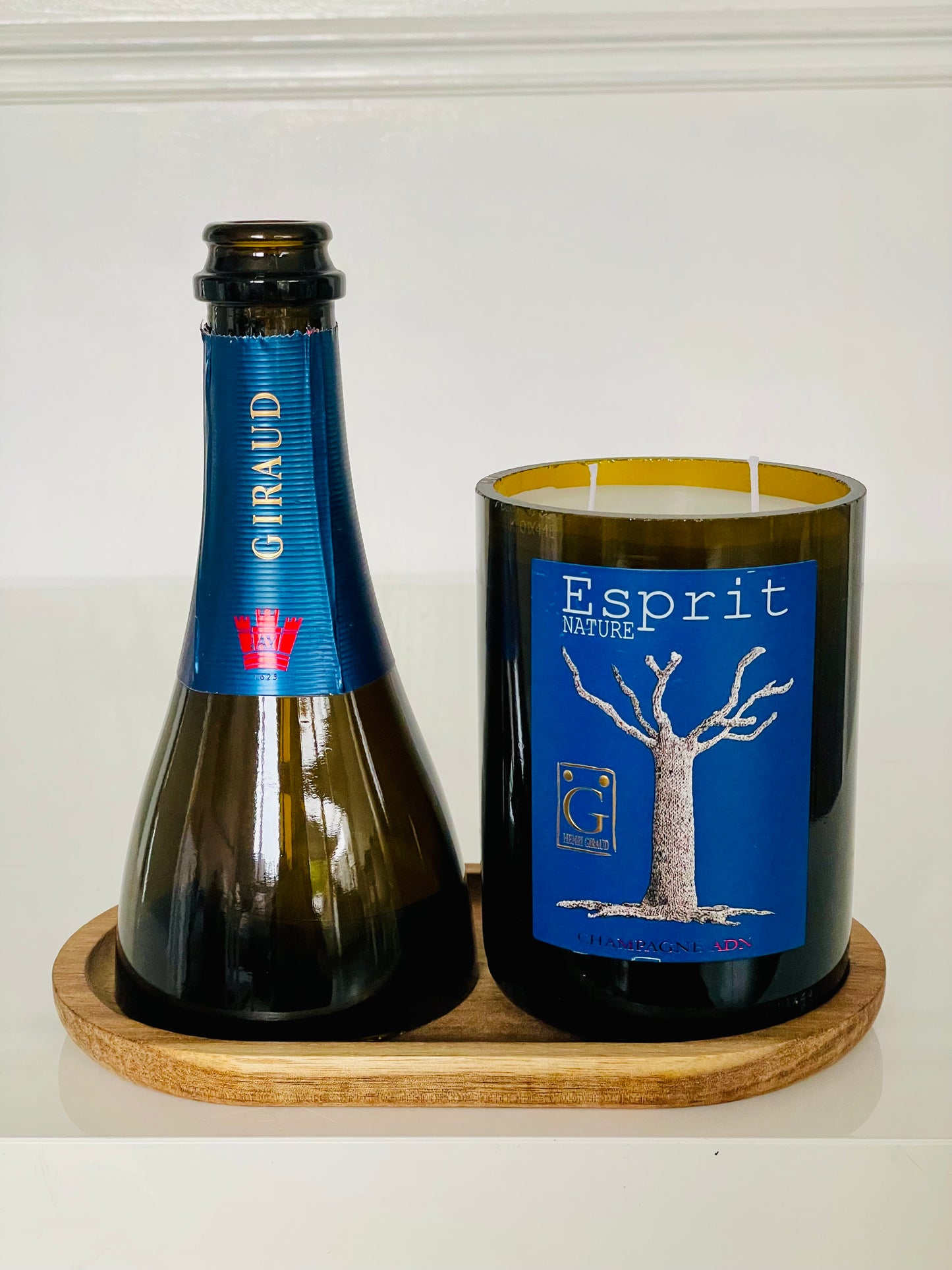 Set Flaschenkerze & Windlicht Champagne Henri Giraud Esprit Nature + Holztablett
