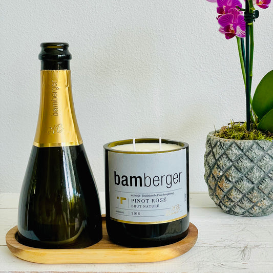 Set 2016 Prestige Pinot Rosé Brut Nature Flaschenkerze & Windlicht mit Holztablett