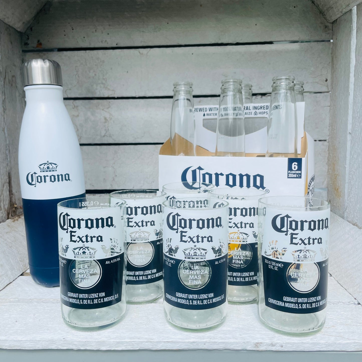 6er Set Trinkgläser / Trinkglas Corona Extra La Cerveza Mas Fina