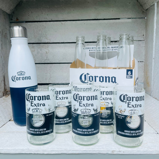 6er Set Trinkgläser / Trinkglas Corona Extra La Cerveza Mas Fina